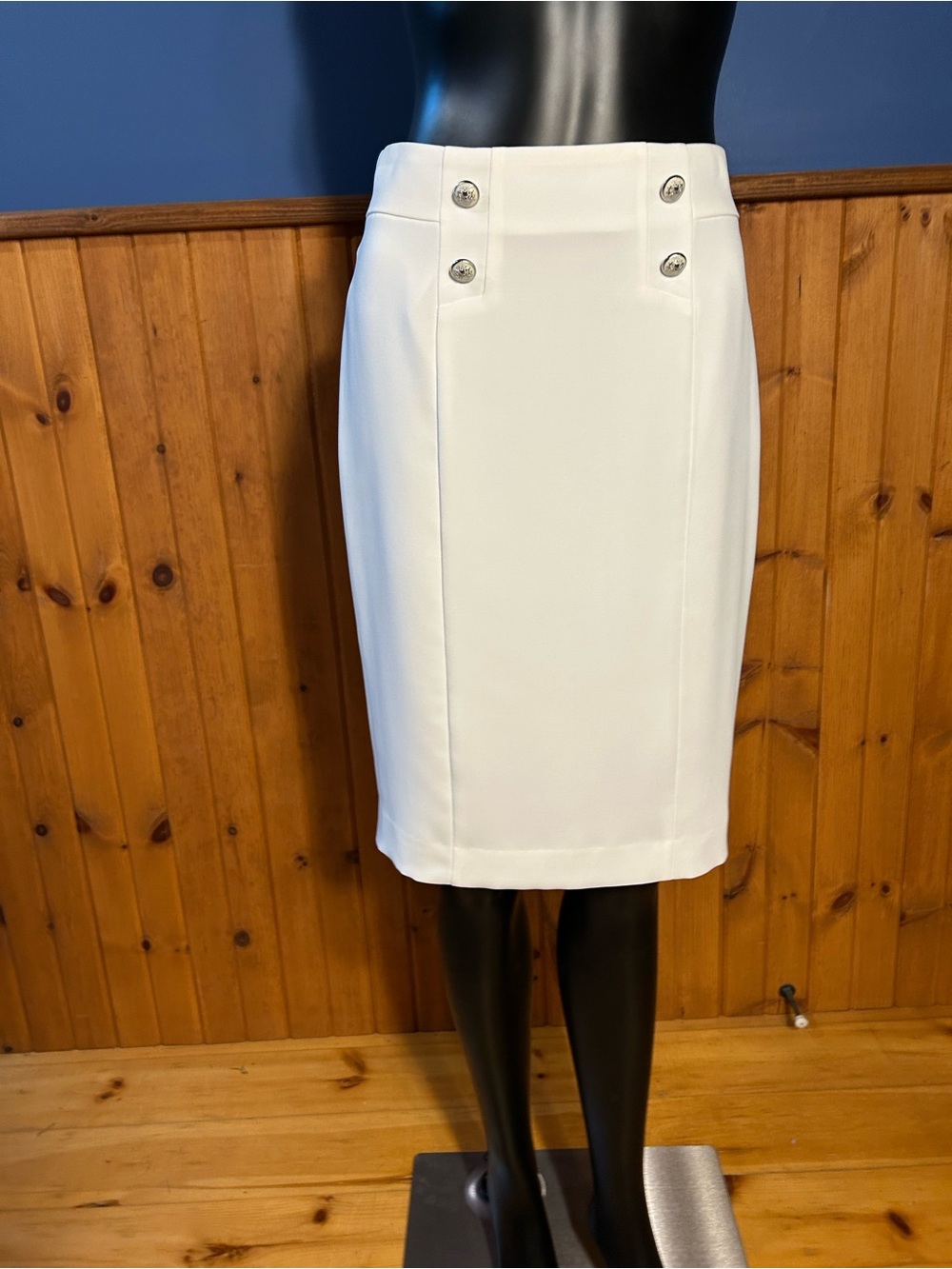 Tailored White Silver Button Accent Pencil Skirt. NWT